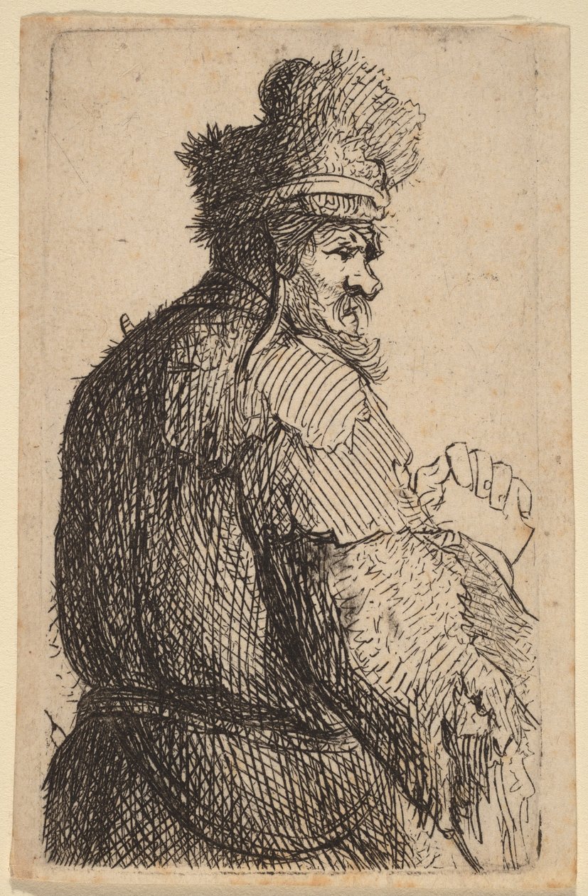 Gammel mand set bagfra, i profil mod højre af Rembrandt van Rijn
