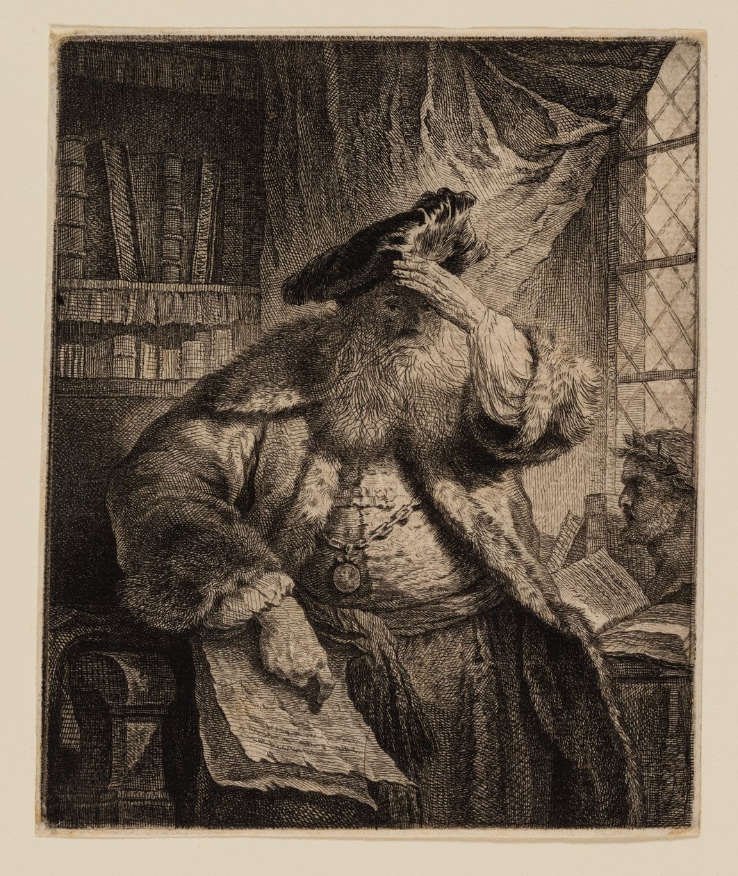 Gammel mand skygger øjnene med hånden af Rembrandt van Rijn