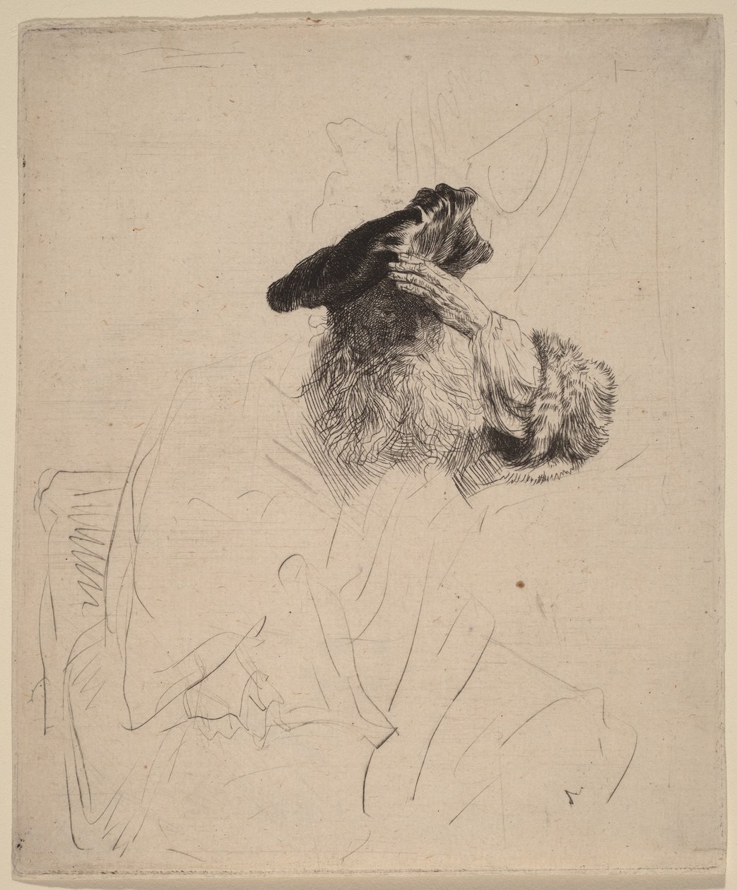 En gammel mand, der skygger for øjnene med hånden af Rembrandt van Rijn