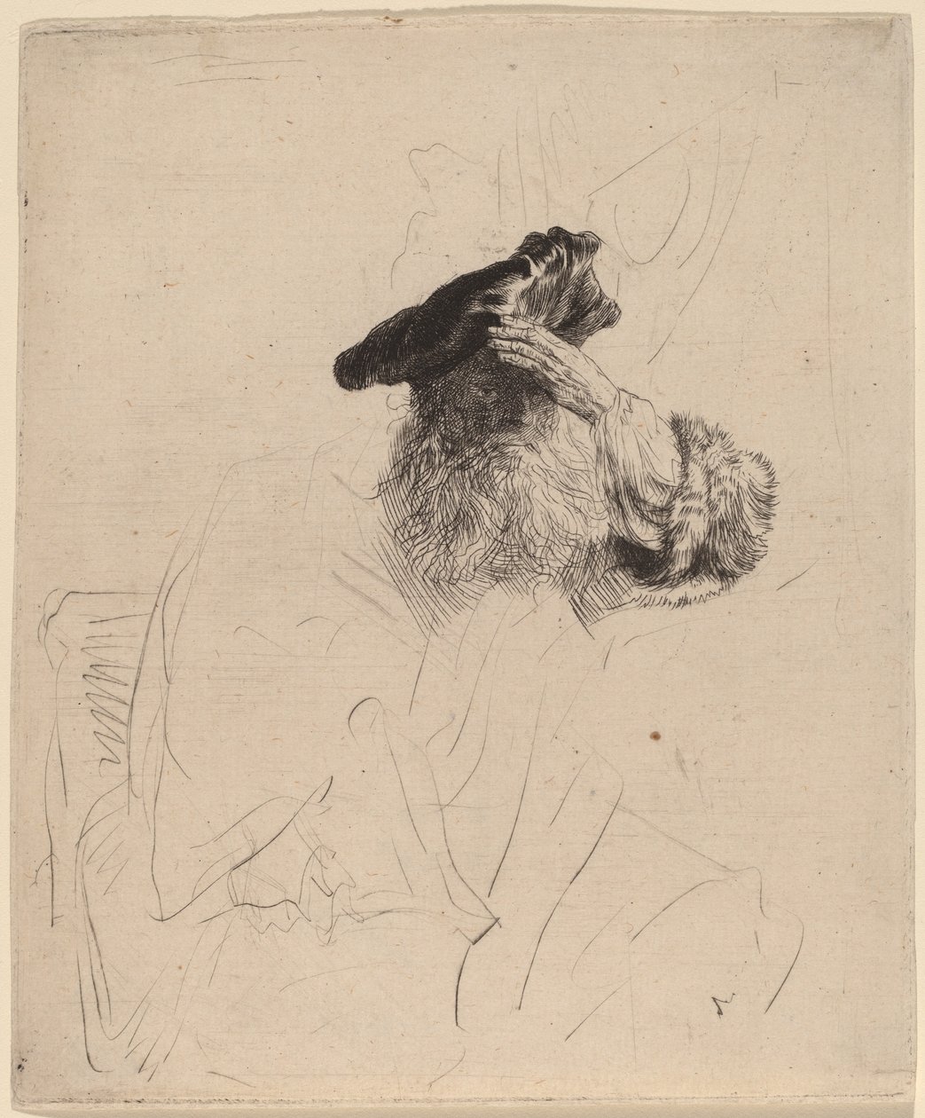 Gammel mand skygger for øjnene med sin hånd, ca. 1639. af Rembrandt van Rijn