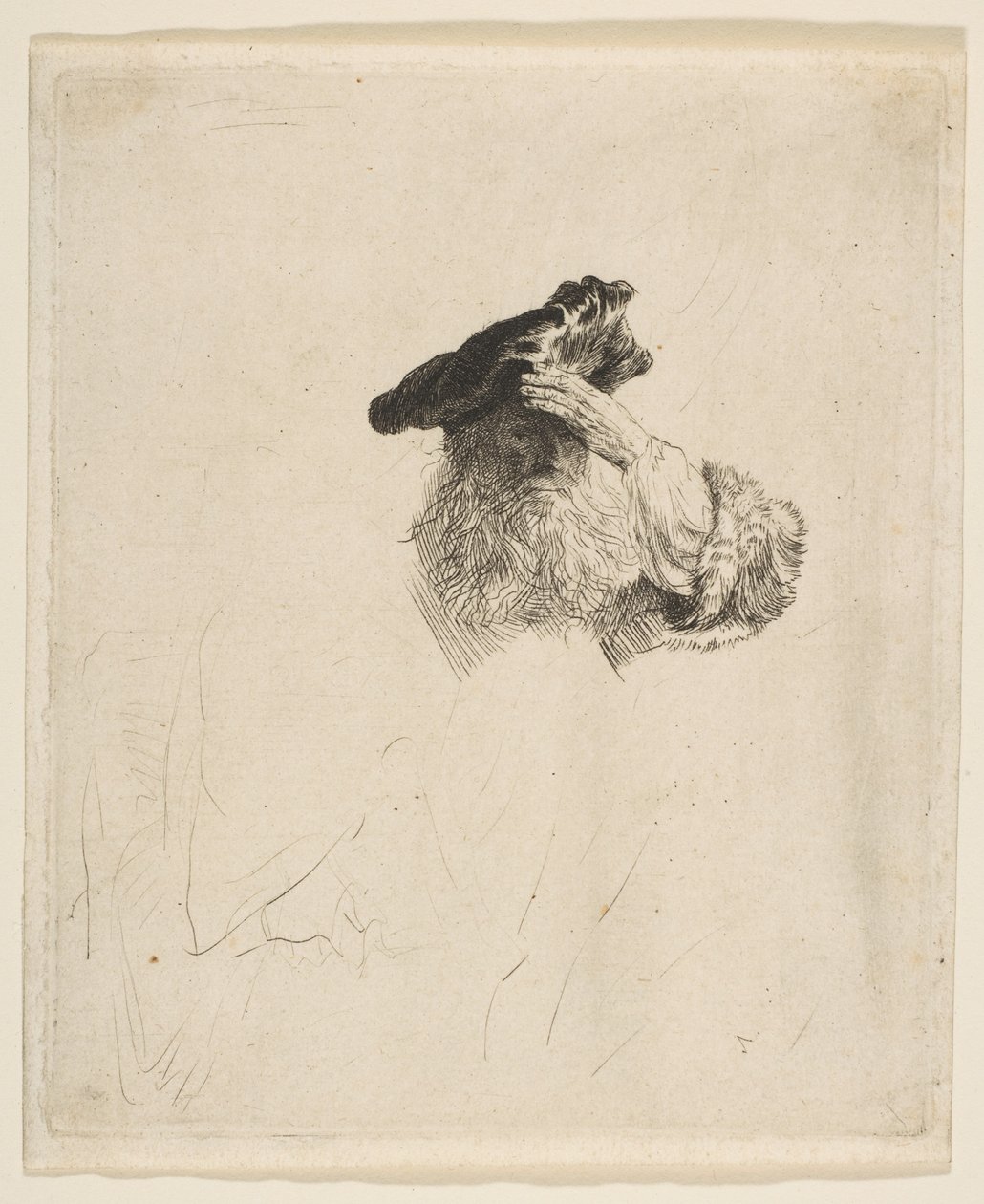 Gammel mand skygger for øjnene med sin hånd, ca. 1639. af Rembrandt van Rijn