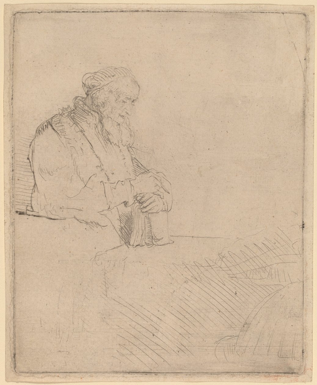 Gammel mand i meditation, læner sig op af en bog af Rembrandt van Rijn