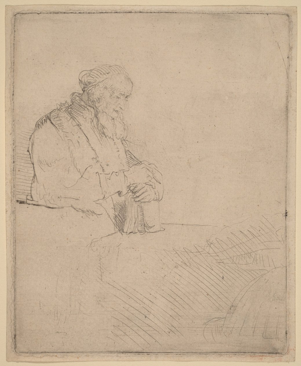 En gammel mand i meditation, der læner sig op ad en bog af Rembrandt van Rijn