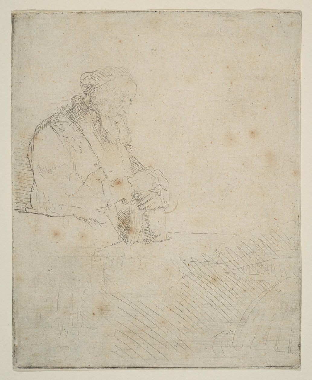 Gammel mand i meditation, lænet sig op ad en bog, ca. 1645. af Rembrandt van Rijn