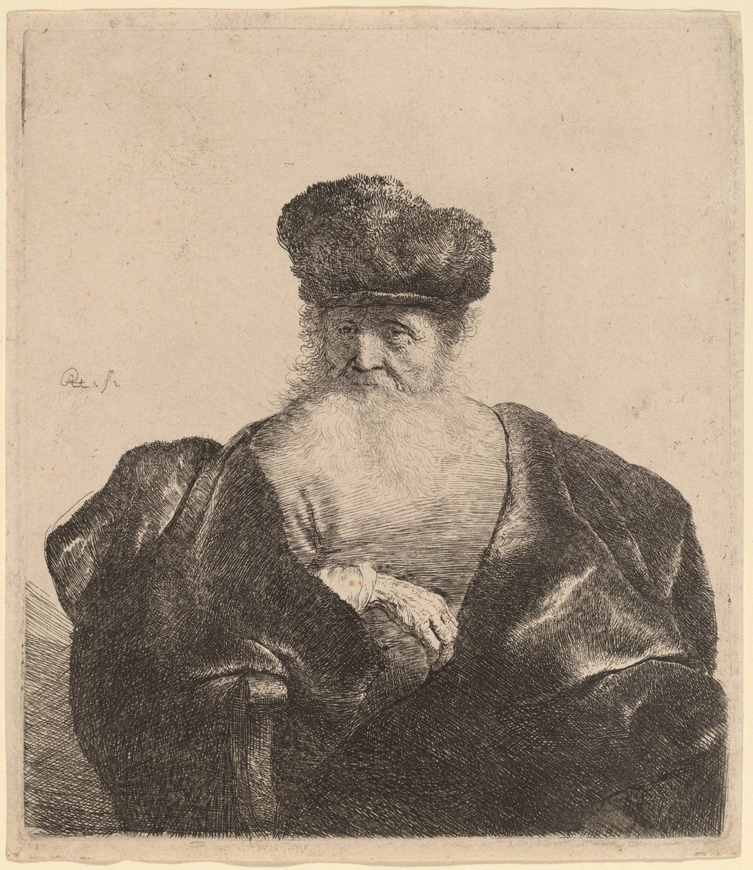 Gammel mand med skæg, pelshue og fløjlskappe af Rembrandt van Rijn