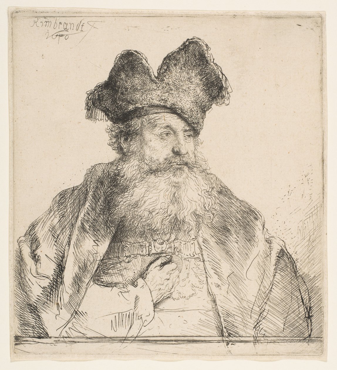 Gammel mand med delt pelshue, 1640. af Rembrandt van Rijn