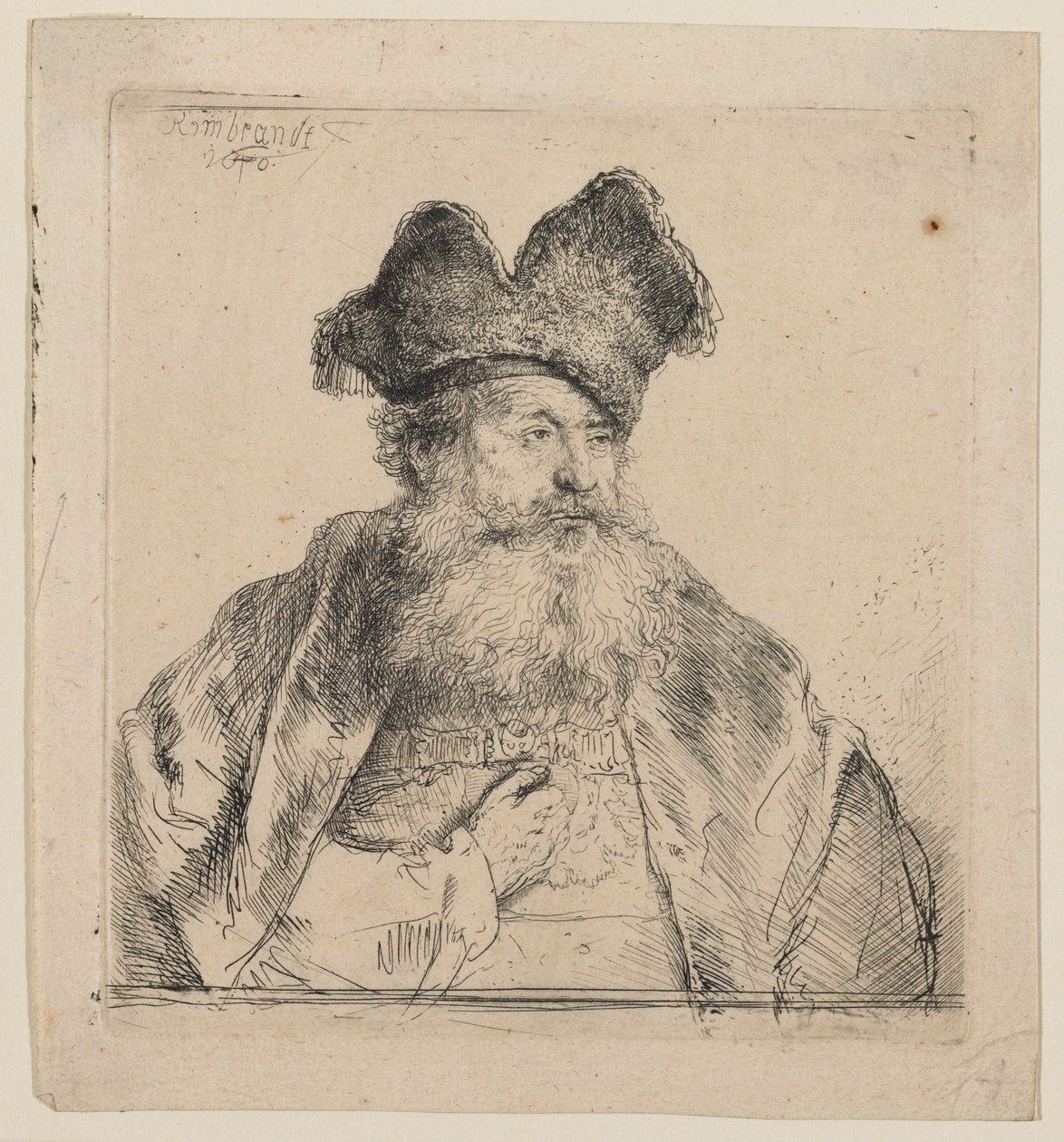 Gammel mand med en flækket pelshue af Rembrandt van Rijn