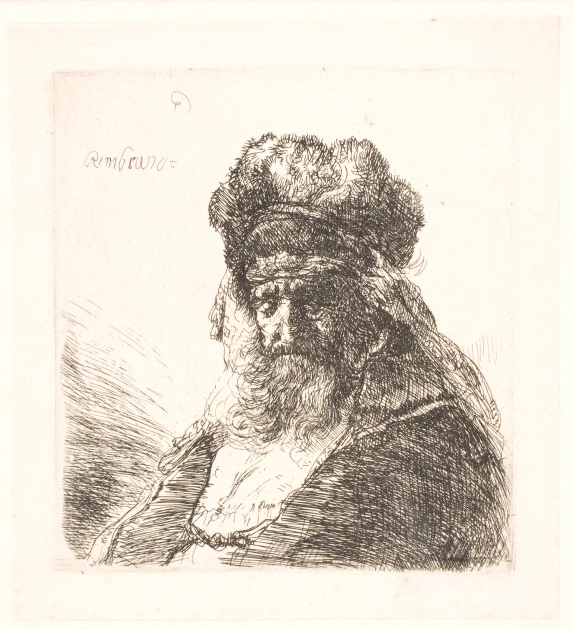 Gammel skægget mand i høj pelshue med lukkede øjne af Rembrandt van Rijn
