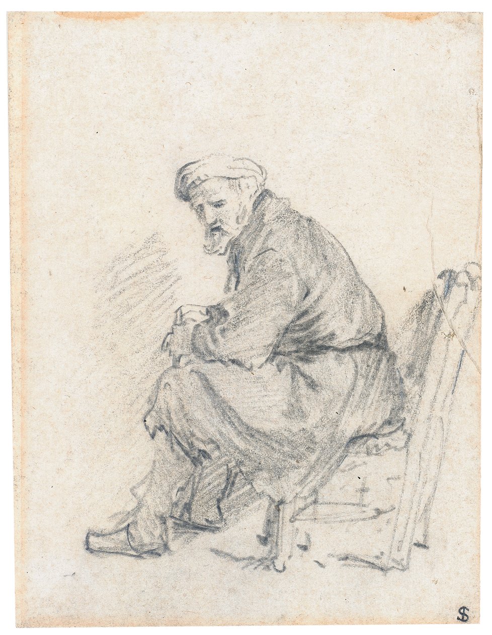 Gammel mand i turban, siddende i profil, drejer til venstre af Rembrandt van Rijn