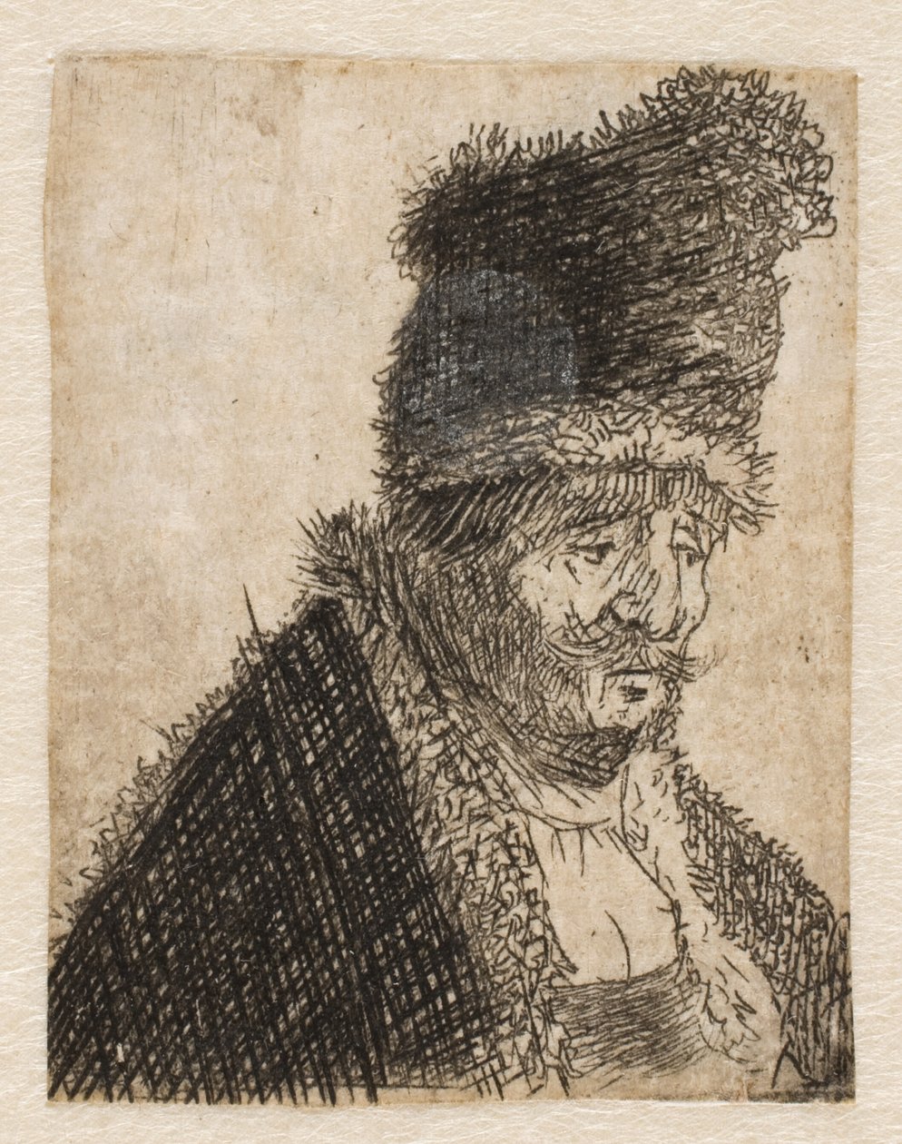 Gammel mand i pelsfrakke og høj kasket: buste af Rembrandt van Rijn
