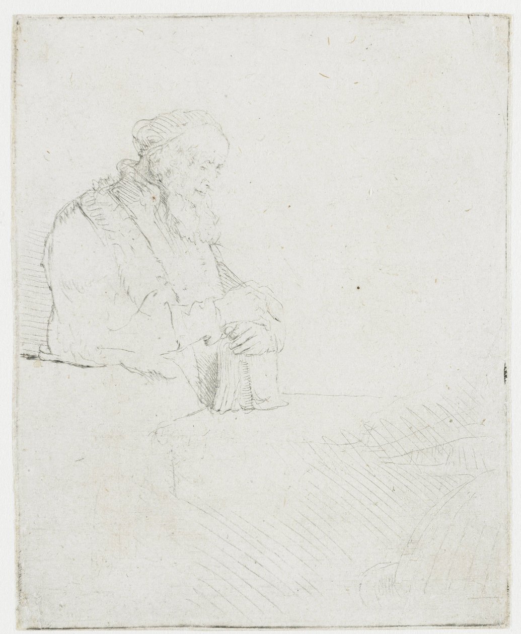 En ældre mand i meditation, der læner sig op ad en bog af Rembrandt van Rijn