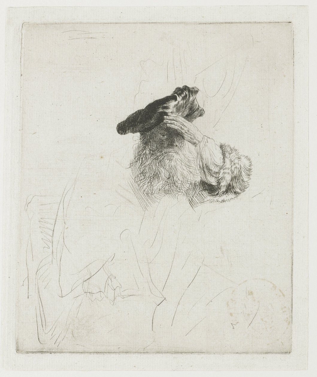 En gammel mand, der skærmer for solen med hånden af Rembrandt van Rijn