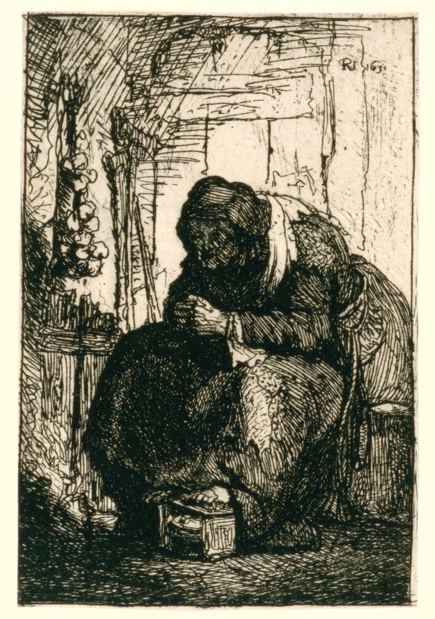 En gammel kvinde, der sidder i en hytte, med en snor med løg hængende på væggen af Rembrandt van Rijn