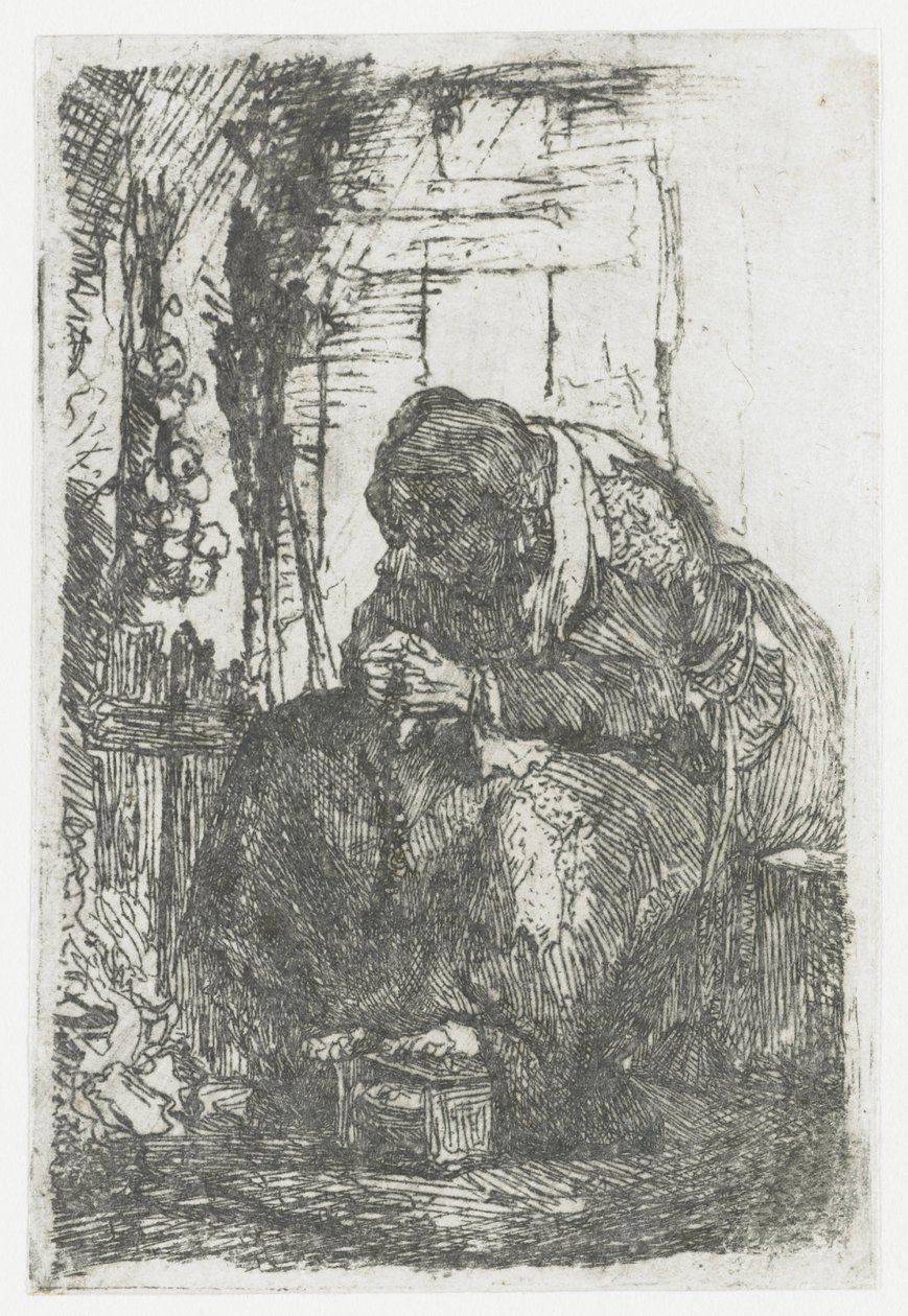 Gammel kvinde med løg, siddende i en hytte af Rembrandt van Rijn