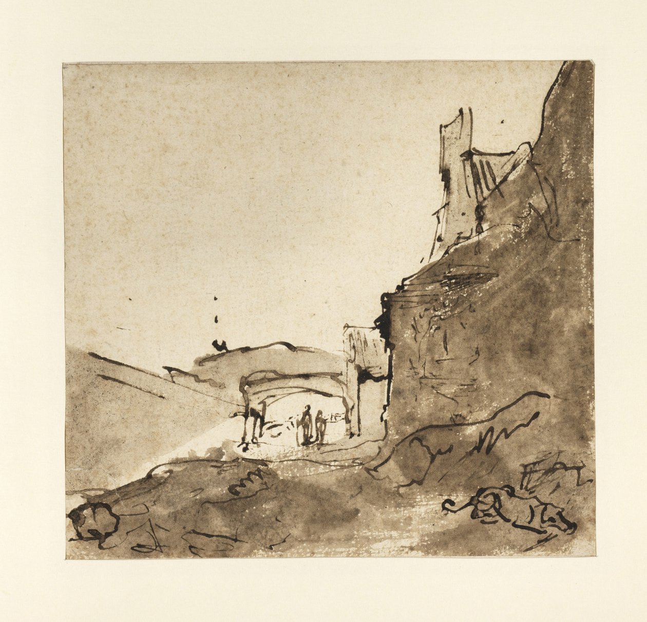 Udkanten af en by med mure og en port, ca. 1627-28 (tusch og vask på papir) af Rembrandt van Rijn