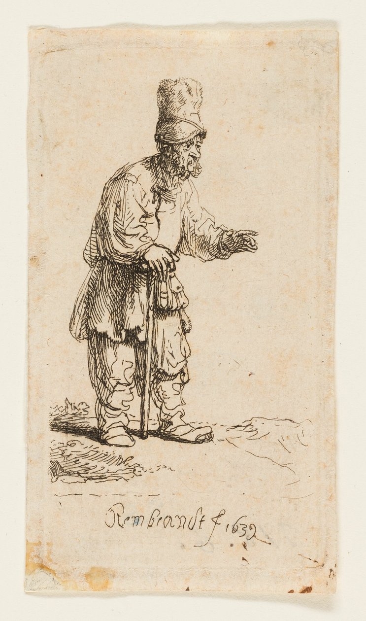 Bonde i høj Kasket, Stående lænet på en Stok af Rembrandt van Rijn