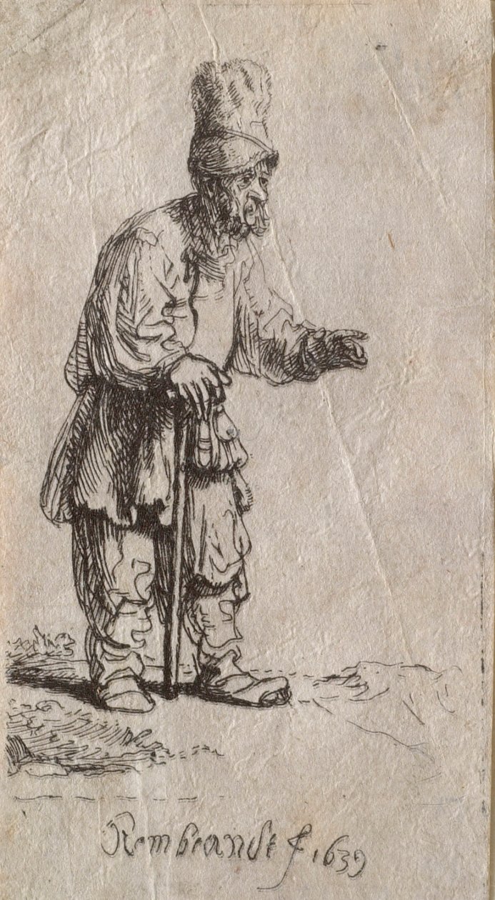Bonde med høj hue, stående og lænende sig til en stok af Rembrandt van Rijn