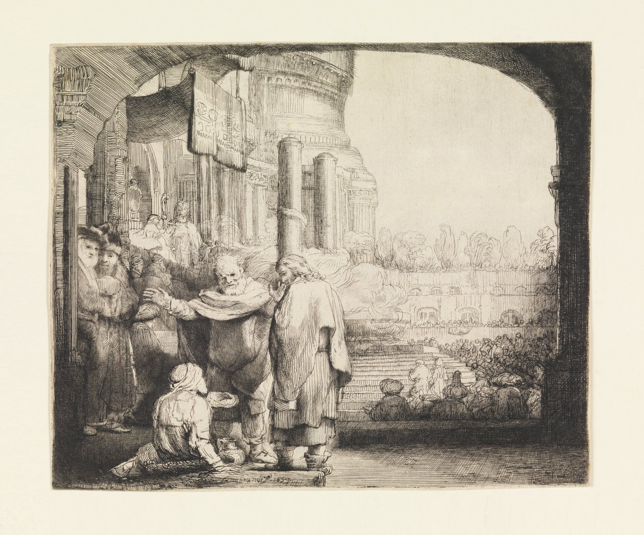 Peter og Johannes helbreder den krøblinge ved templets port af Rembrandt van Rijn