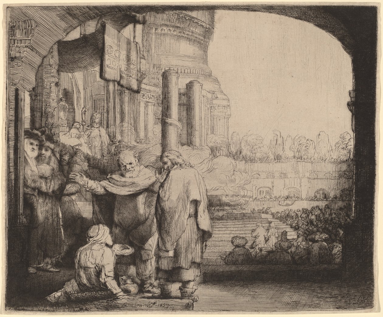 Peter og Johannes helbreder den krøblinge ved templets port af Rembrandt van Rijn