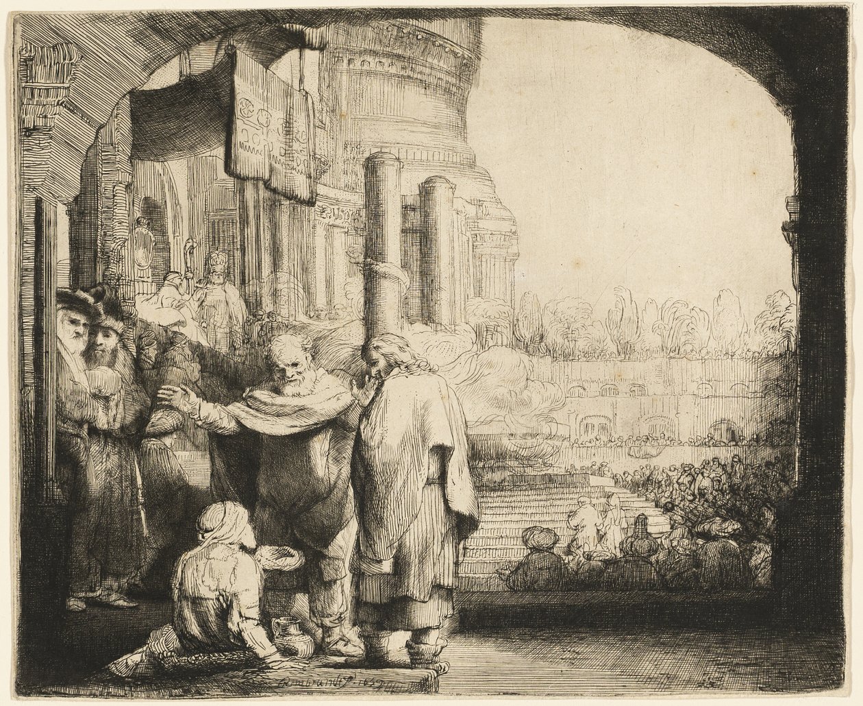 Peter og Johannes helbreder den krøblinge ved templets port af Rembrandt van Rijn