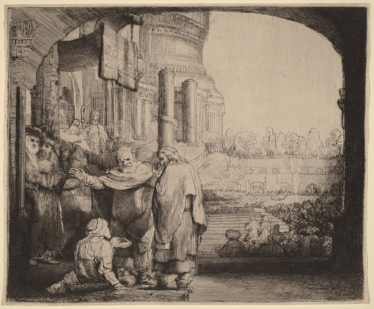 Peter og Johannes helbreder den lamme ved tempelporten af Rembrandt van Rijn