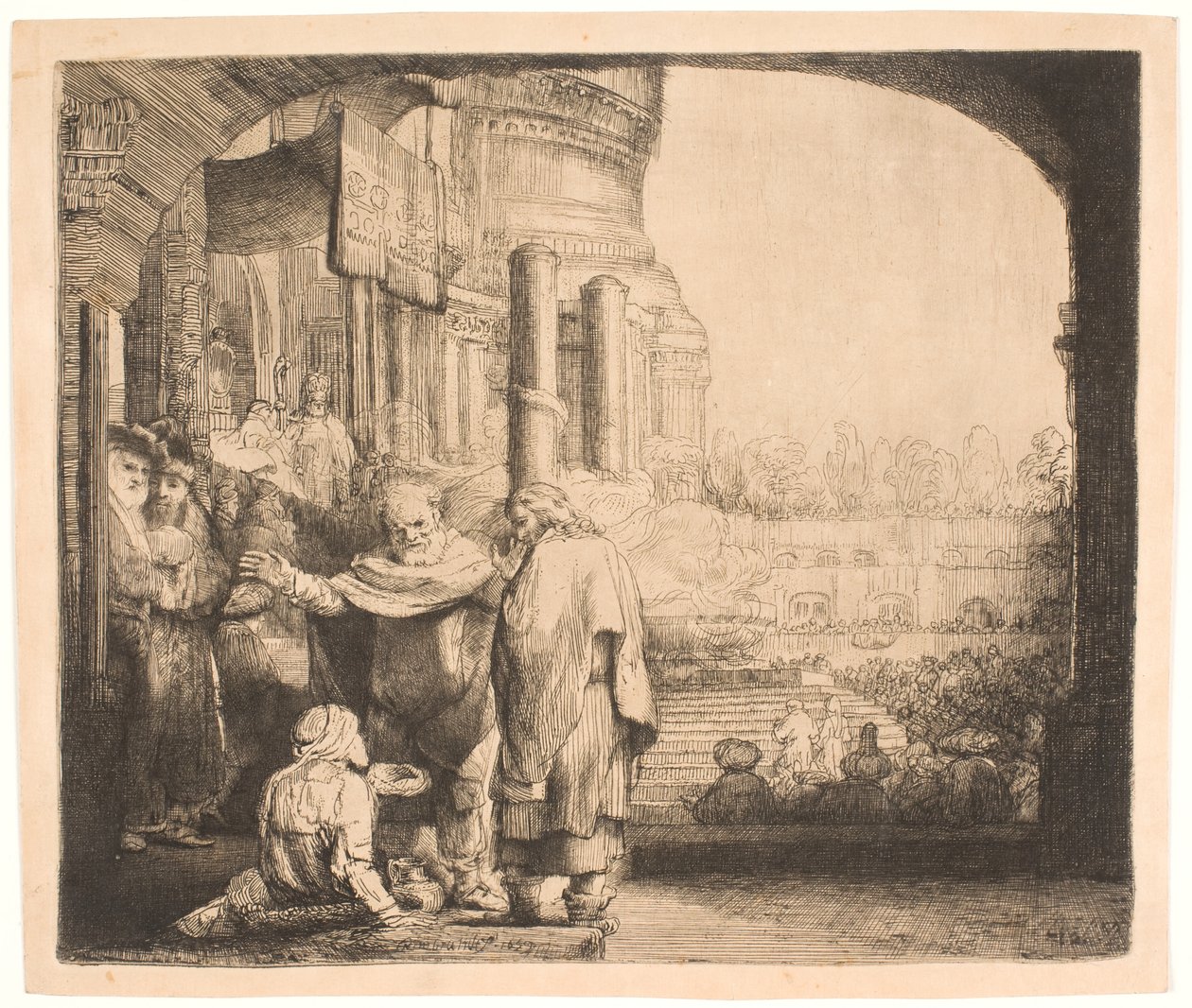 Peter og Johannes helbreder krøblingen ved templets port af Rembrandt van Rijn