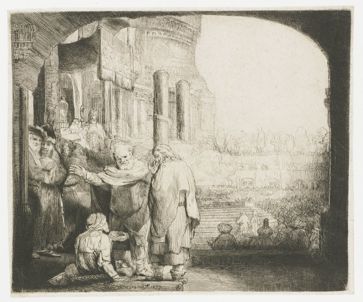 Peter og Johannes helbreder krøblingen ved templets port af Rembrandt van Rijn