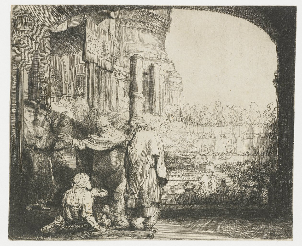 Peter og Johannes helbreder krøblingen ved templets port af Rembrandt van Rijn
