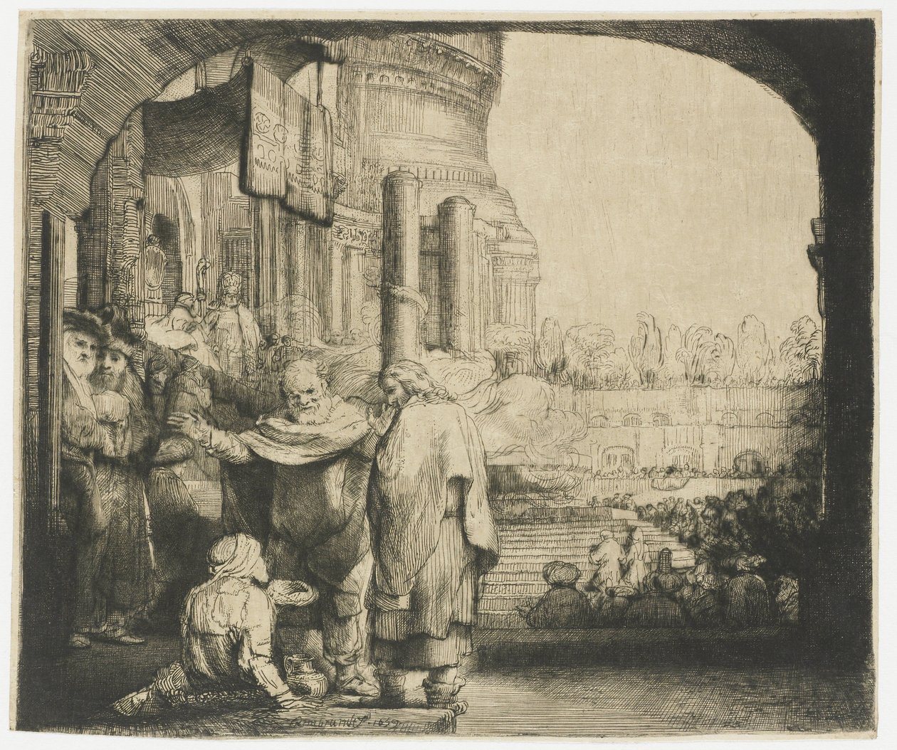 Peter og Johannes helbreder krøblingen ved templets port af Rembrandt van Rijn