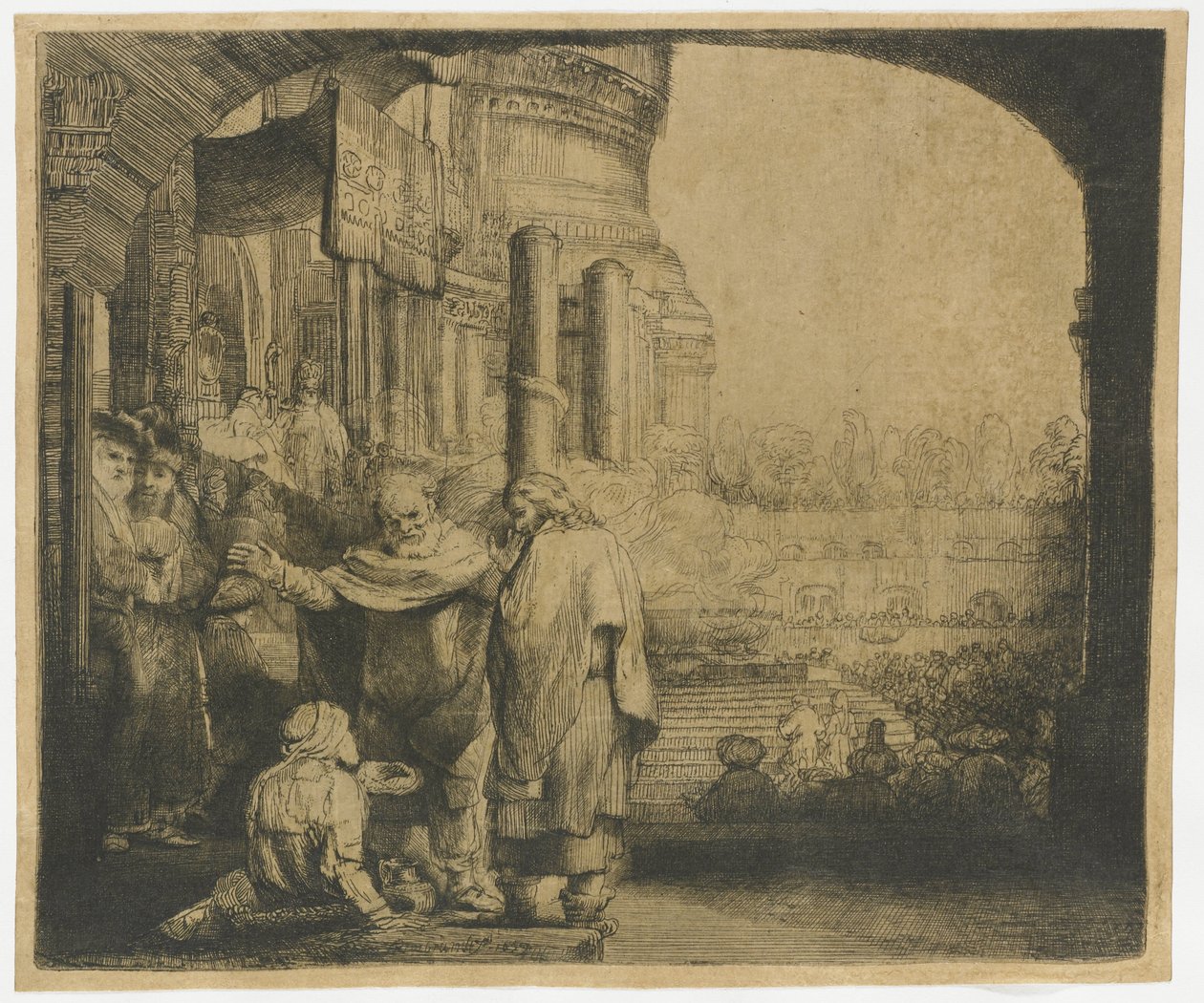 Peter og Johannes helbreder krøblingen ved templets port af Rembrandt van Rijn