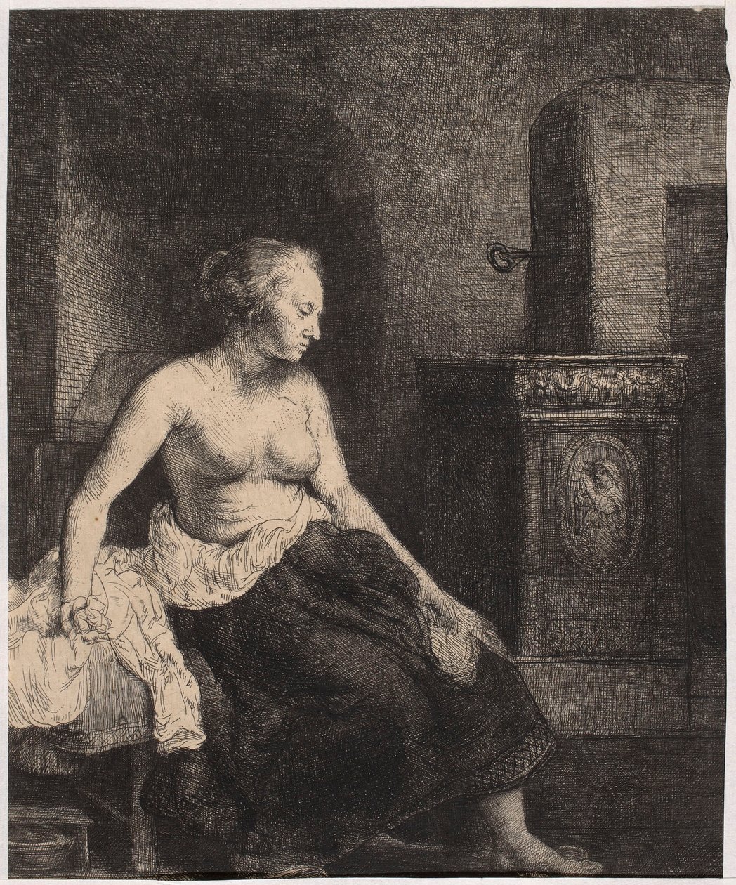 En halvnøgen kvinde, der sidder ved ovnen af Rembrandt van Rijn