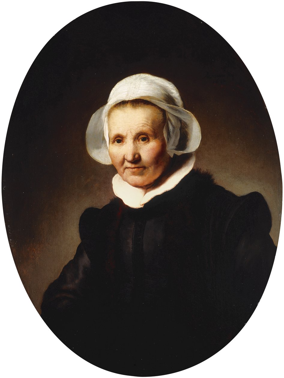 Portræt af en dame, 62 år, måske Aeltje Pietersdr. Uylenburgh, hustru til Johannes Cornelisz. Sylvius, halvlængde i sort dragt., 1632 af Rembrandt van Rijn