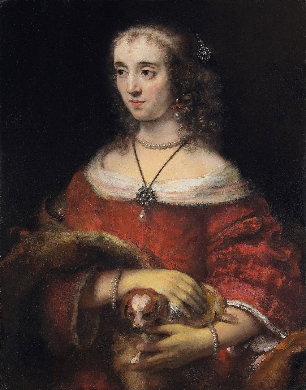 Portræt af en dame med en skødehund, ca 1665 af Rembrandt van Rijn