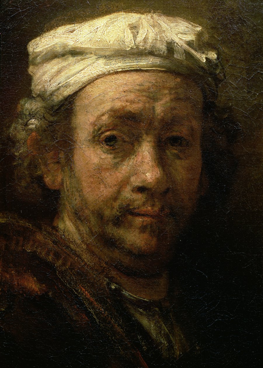 Portræt af kunstneren ved hans staffeli, detalje af ansigtet, 1660 (detalje af 91054) af Rembrandt van Rijn