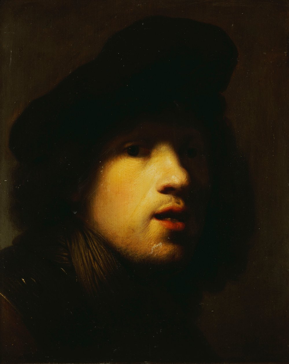 Portræt af kunstneren med hoved og skuldre i en sort baret og en kløft af Rembrandt van Rijn