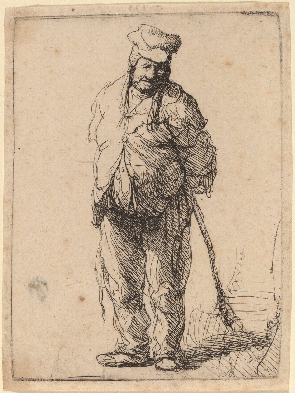 Raget bonde med hænderne bag sig, holder en pind af Rembrandt van Rijn
