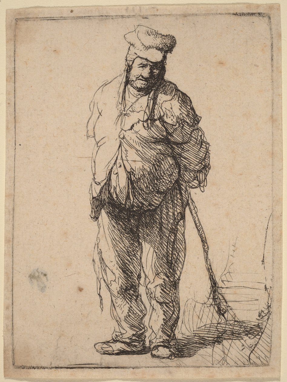 En laset bonde med hænderne bag ryggen, der holder en stok af Rembrandt van Rijn
