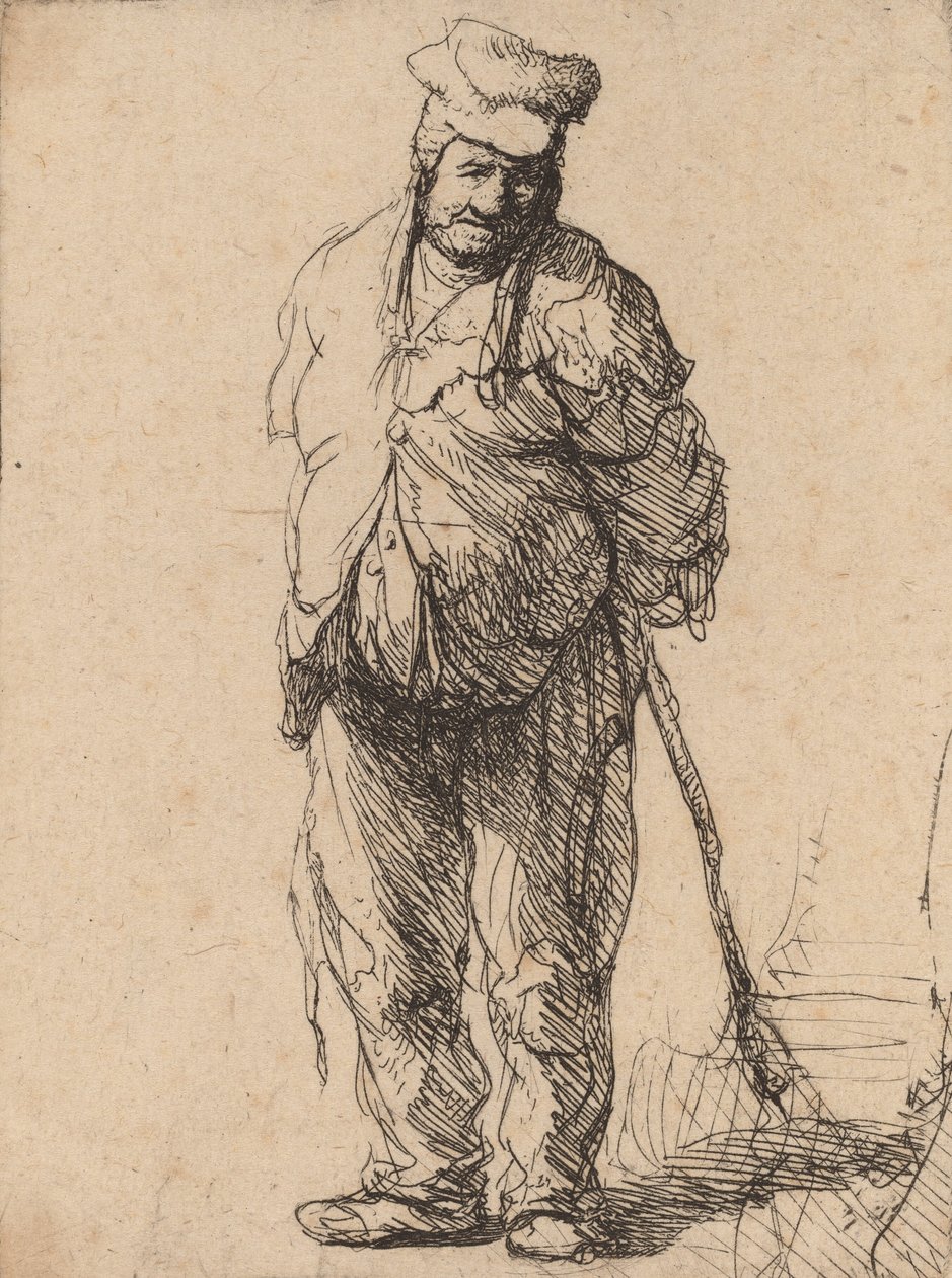 Raget bonde med hænderne bag sig, holder en pind, ca. 1630. af Rembrandt van Rijn