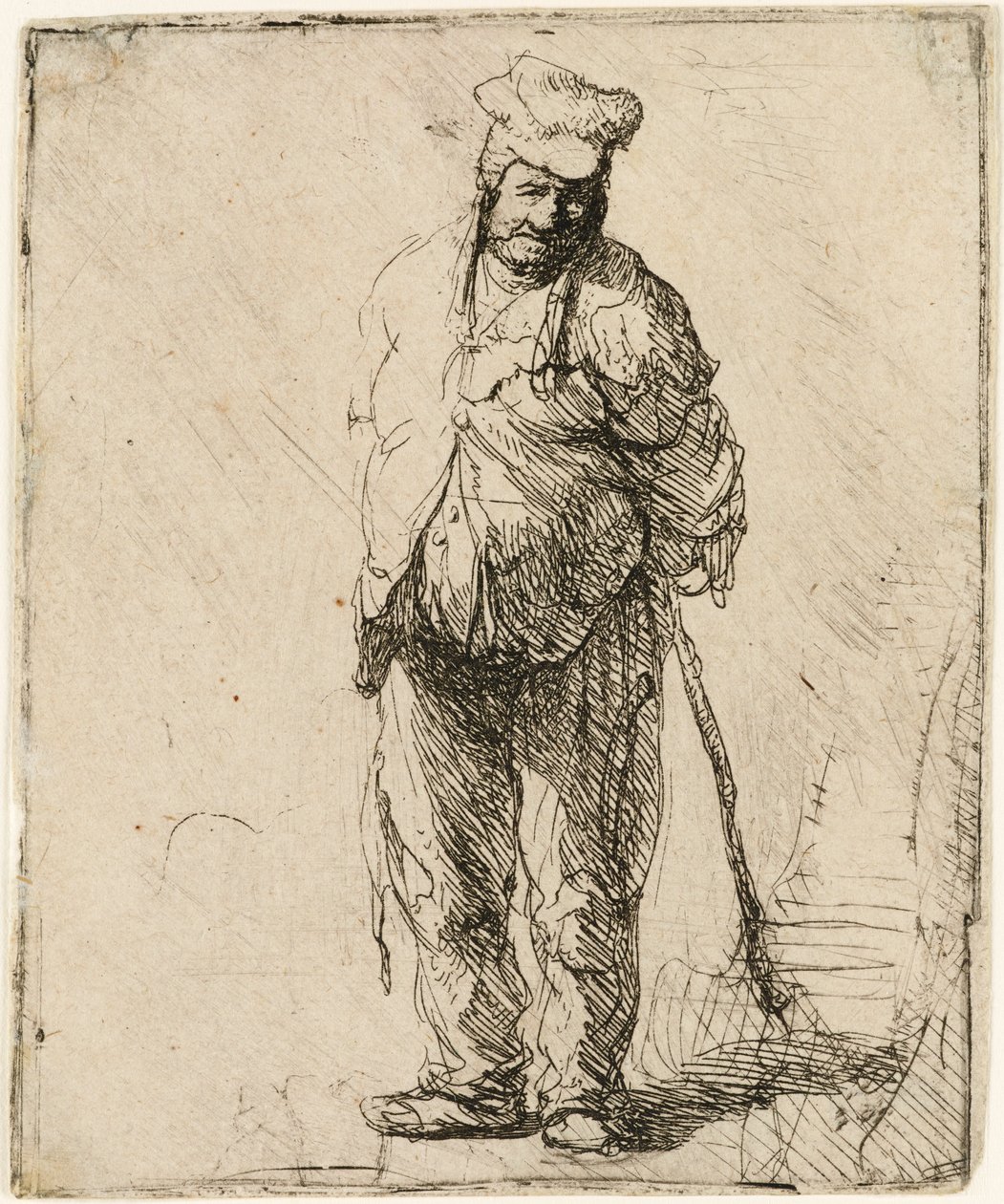 Raget bonde med hænderne bag sig, med en pind, c.1630. af Rembrandt van Rijn
