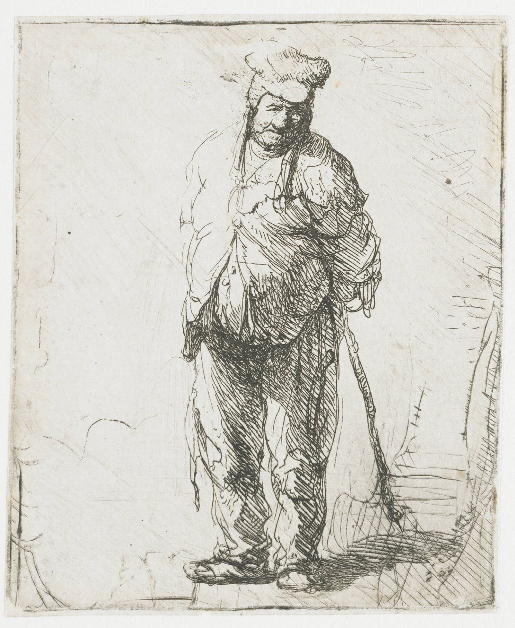 En laset bonde med hænderne bag ryggen, der holder en stok af Rembrandt van Rijn