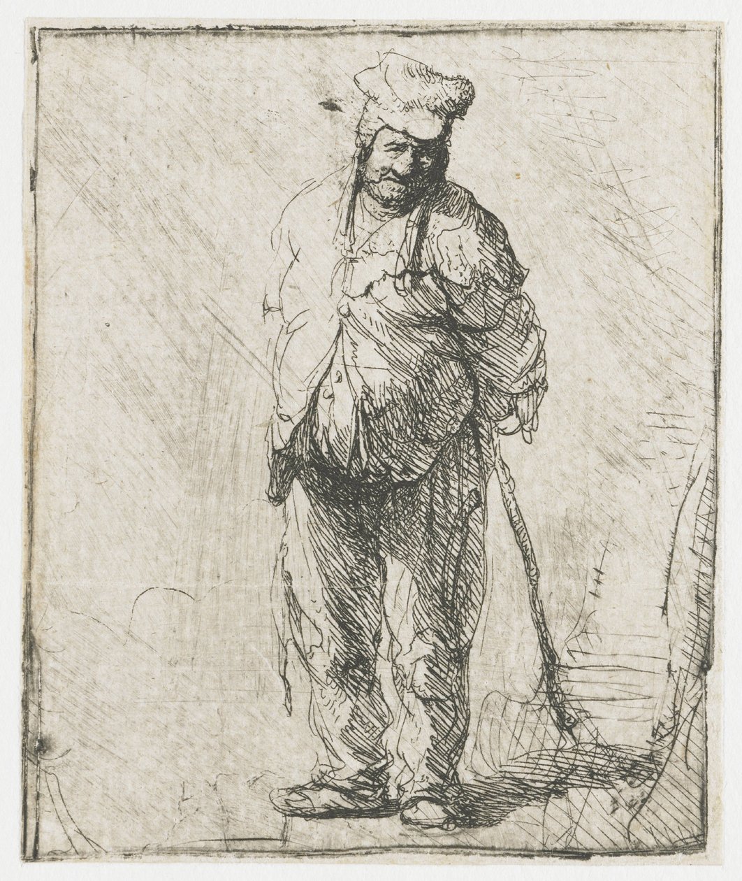 En laset bonde med hænderne bag ryggen, der holder en stok af Rembrandt van Rijn
