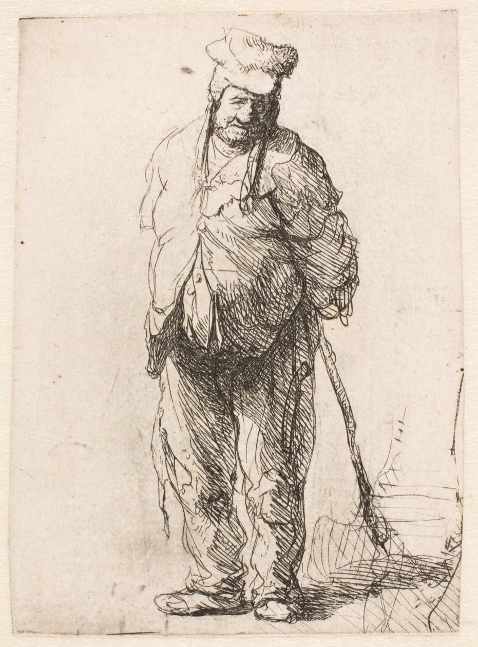 En laset bonde med hænderne bag ryggen, der holder en stok af Rembrandt van Rijn