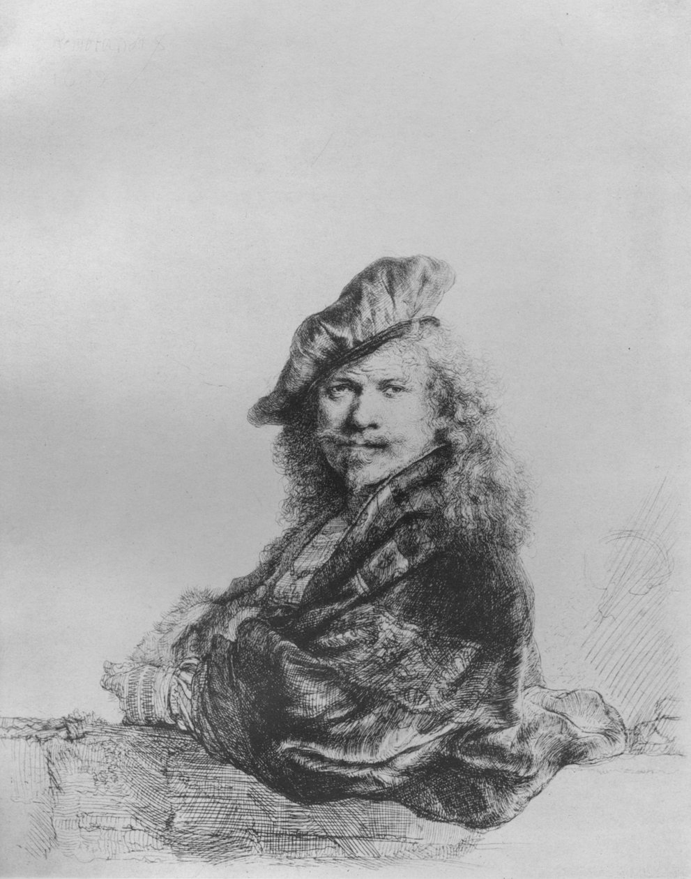 Rembrandt læner sig op ad en stenkarm, 1639 af Rembrandt van Rijn