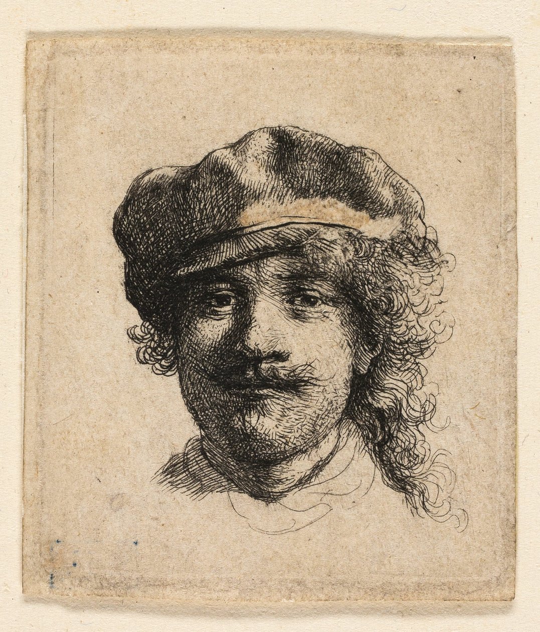 Rembrandt iført en blød kasket: Helt ansigt: Kun hoved af Rembrandt van Rijn