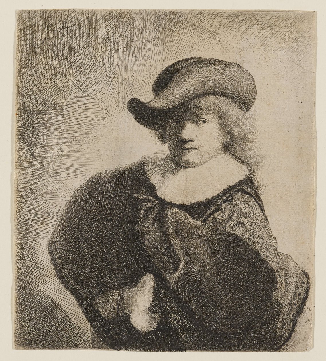 Rembrandt med en blød hat på skrå af Rembrandt van Rijn