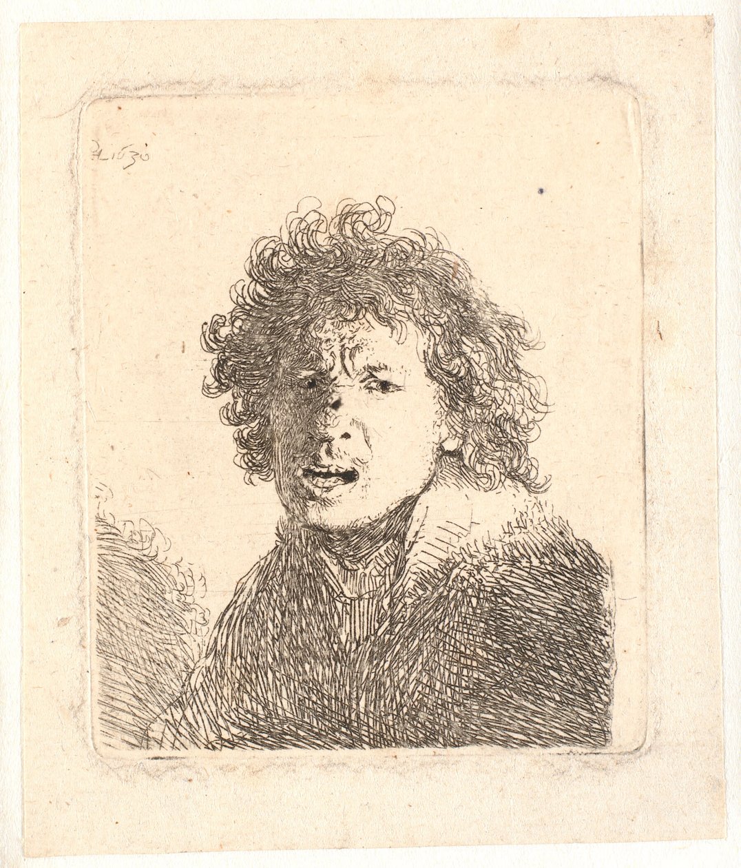 Rembrandt barhovedet og åbenmundet, som om han råbte: buste af Rembrandt van Rijn