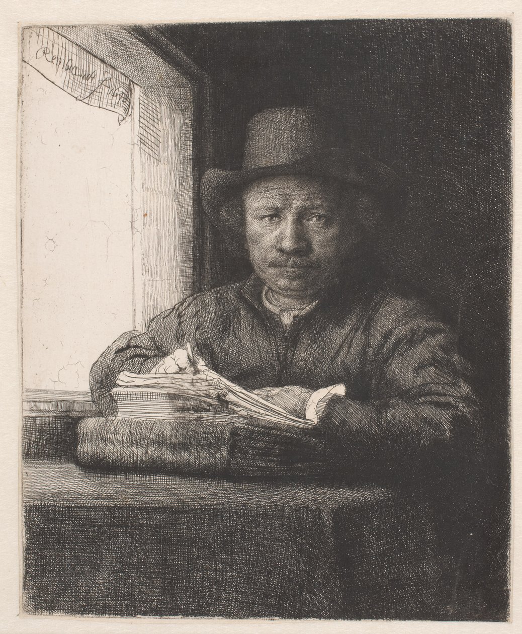 Rembrandt tegner ved et vindue af Rembrandt van Rijn