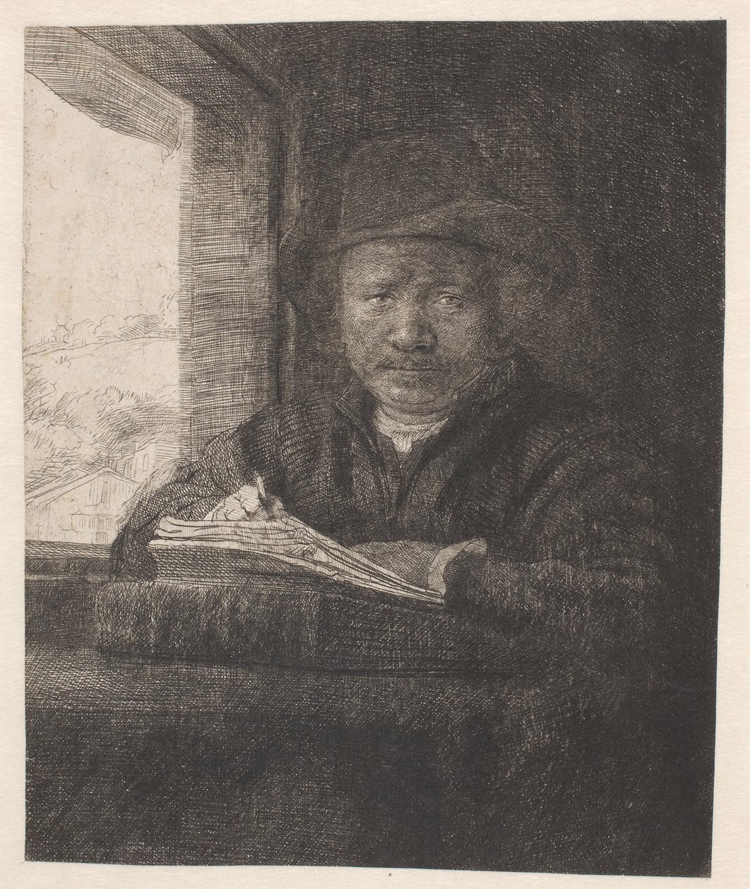 Rembrandt tegner ved et vindue af Rembrandt van Rijn