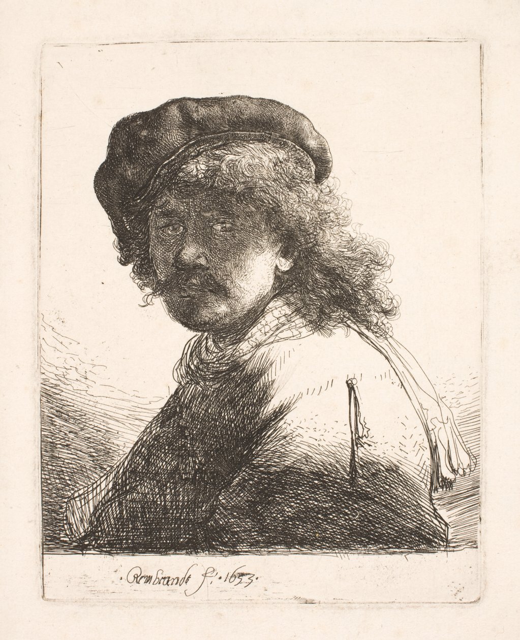 Rembrandt med hue og tørklæde: ansigtet i skygge: brystbillede af Rembrandt van Rijn