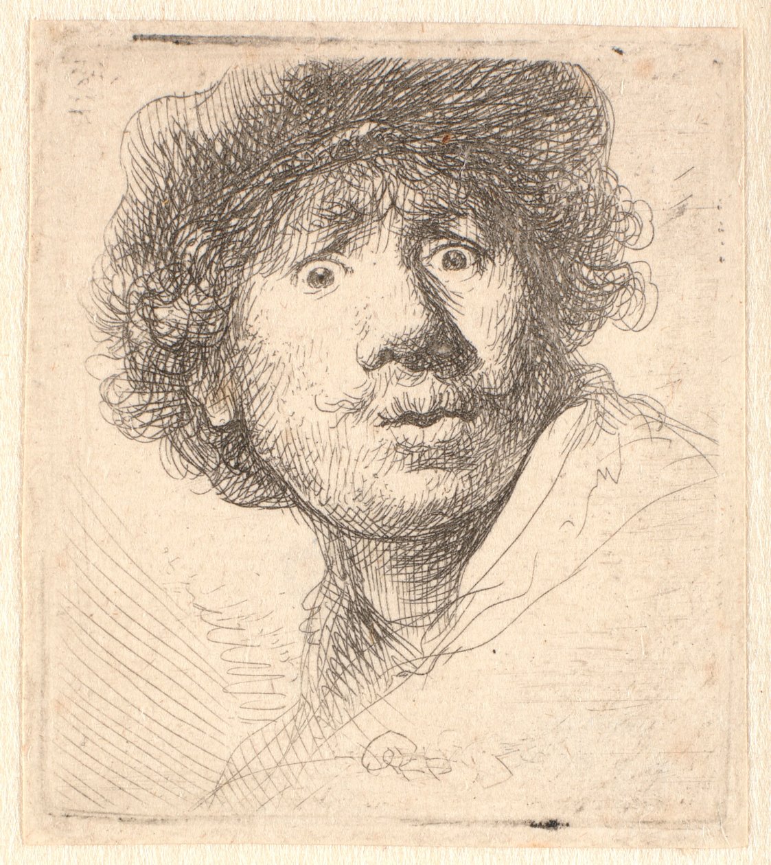 Rembrandt i kasket, åben mund og stirrende: buste i omrids af Rembrandt van Rijn